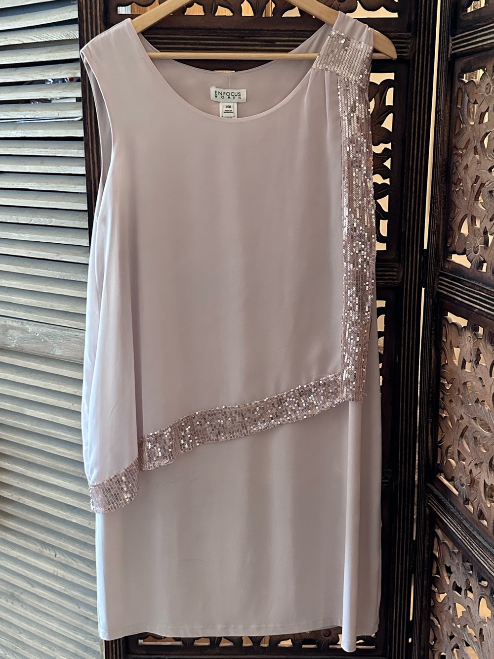 ENFOCUS Champagne Pink Asymmetrical Overlay Trim Sequin Detail Semi Formal Dress